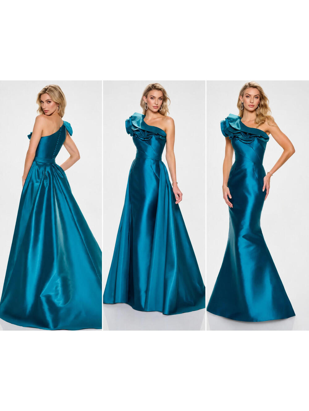 Montage Mon Cheri M844 Dramatic One Shoulder Mikado Gown sz 6 Teal Skirt Overlay